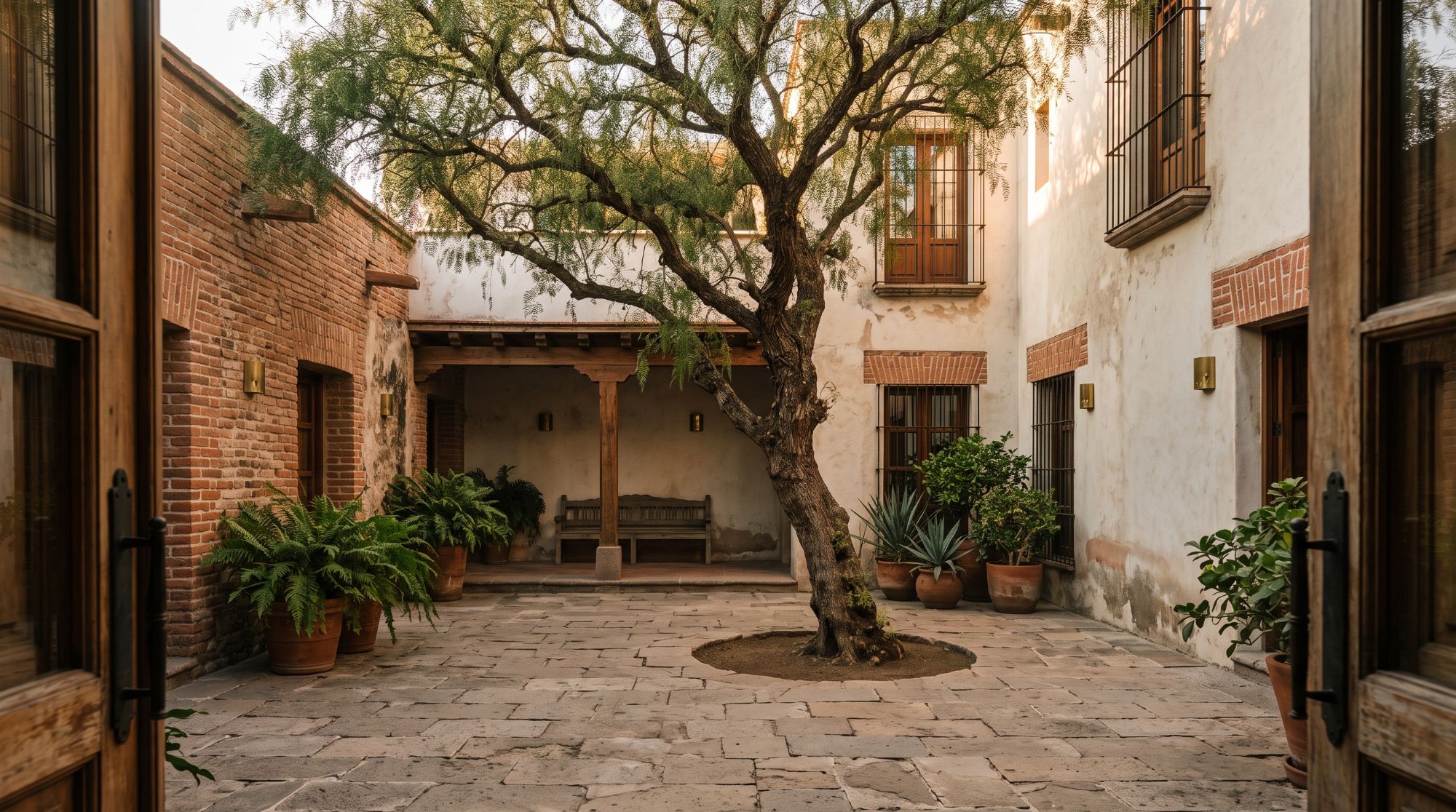 Patio de una casa con muros de ladrillo y un mezquite al centro